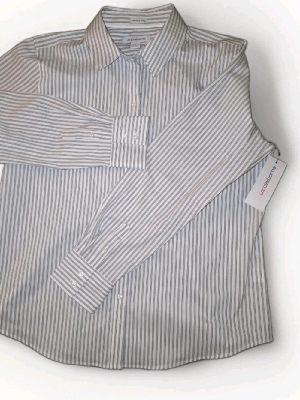 Liz Claiborne White and Gray Striped Button-Down Shirt